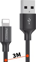 Phreeze 8-PIN naar USB Kabel - Nylon Gevlochten - 3 Meter - Flexibel - Geschikt voor iPad, iPhone - Oplader Kabel Snoer