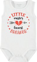 Baby Rompertje met tekst 'Little mister heartbreaker' | mouwloos l Valentijn| wit zwart | maat 62/68 | cadeau | Kraamcadeau | Kraamkado