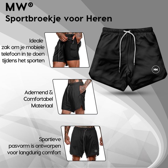 MW® - Sportbroek Heren - Fitnessbroek - Hardloopbroek - Sportkleding - 2 in 1 Shorts - (Zwart - L) - MW