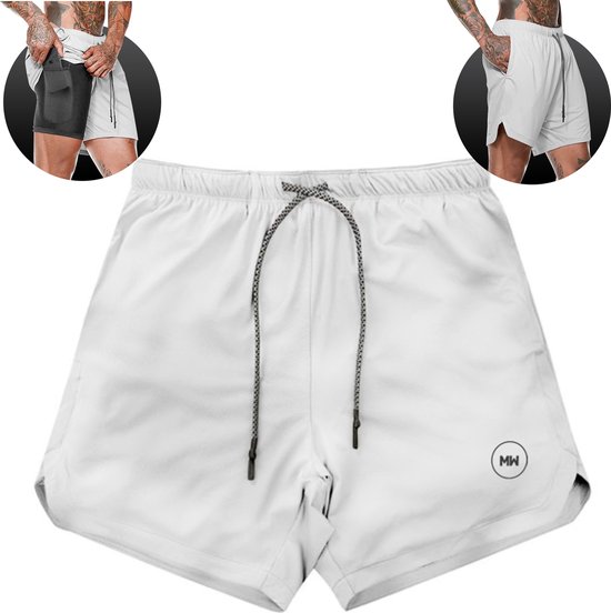 Short de sport blanc avec cordon, logo sur la jambe droite.