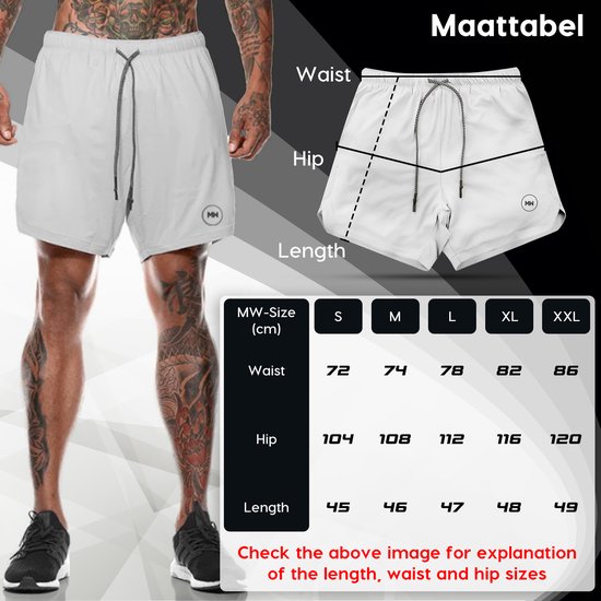 Short de sport blanc avec cordon et tableau des tailles indiquant la taille, les hanches et la longueur.