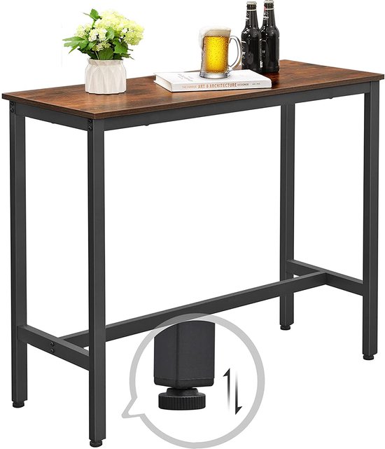 Smalle, hoge bartafel met bruin houten blad en zwart metalen frame, met verstelbare voetjes.