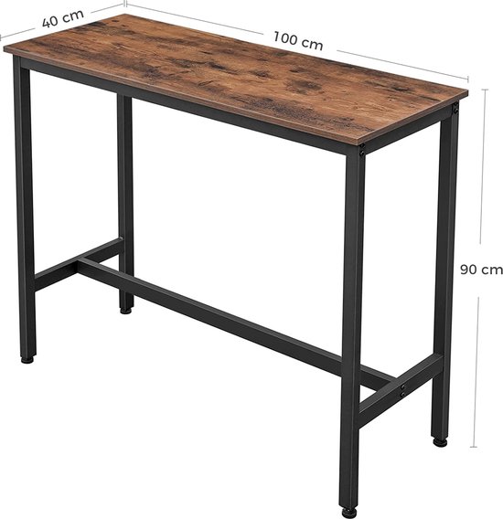 Smalle bartafel met bruin houten blad en zwart metalen frame, met afmetingen 100x40x90 cm.