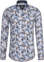 Heren overhemd Lange mouwen - MarshallDenim - Blauw met beige bloemenprint- Slim fit met stretch - maat L