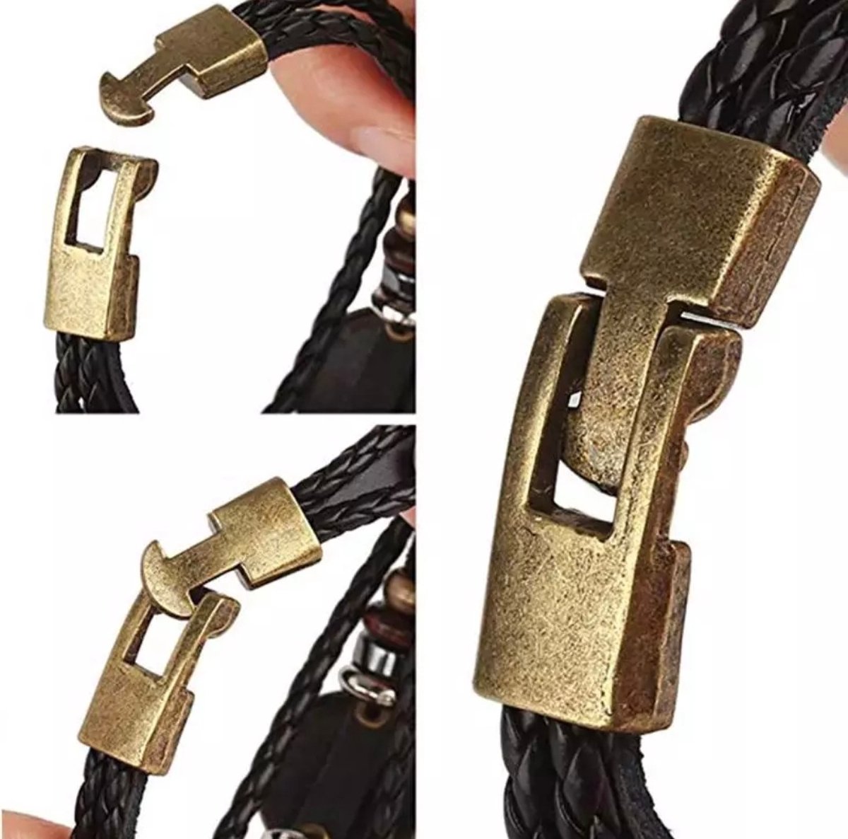 21 cm lange herenarmband van zwart en groen leer, dubbel gewikkeld met 21 cm lange herenarmband van zwart en groen leer, dubbel gewikkeld met
