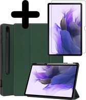 Hoes Geschikt voor Samsung Galaxy Tab S7 FE Hoes Luxe Hoesje Case Met Uitsparing Geschikt voor S Pen Met Screenprotector - Hoesje Geschikt voor Samsung Tab S7 FE Hoes Cover - Donkergroen