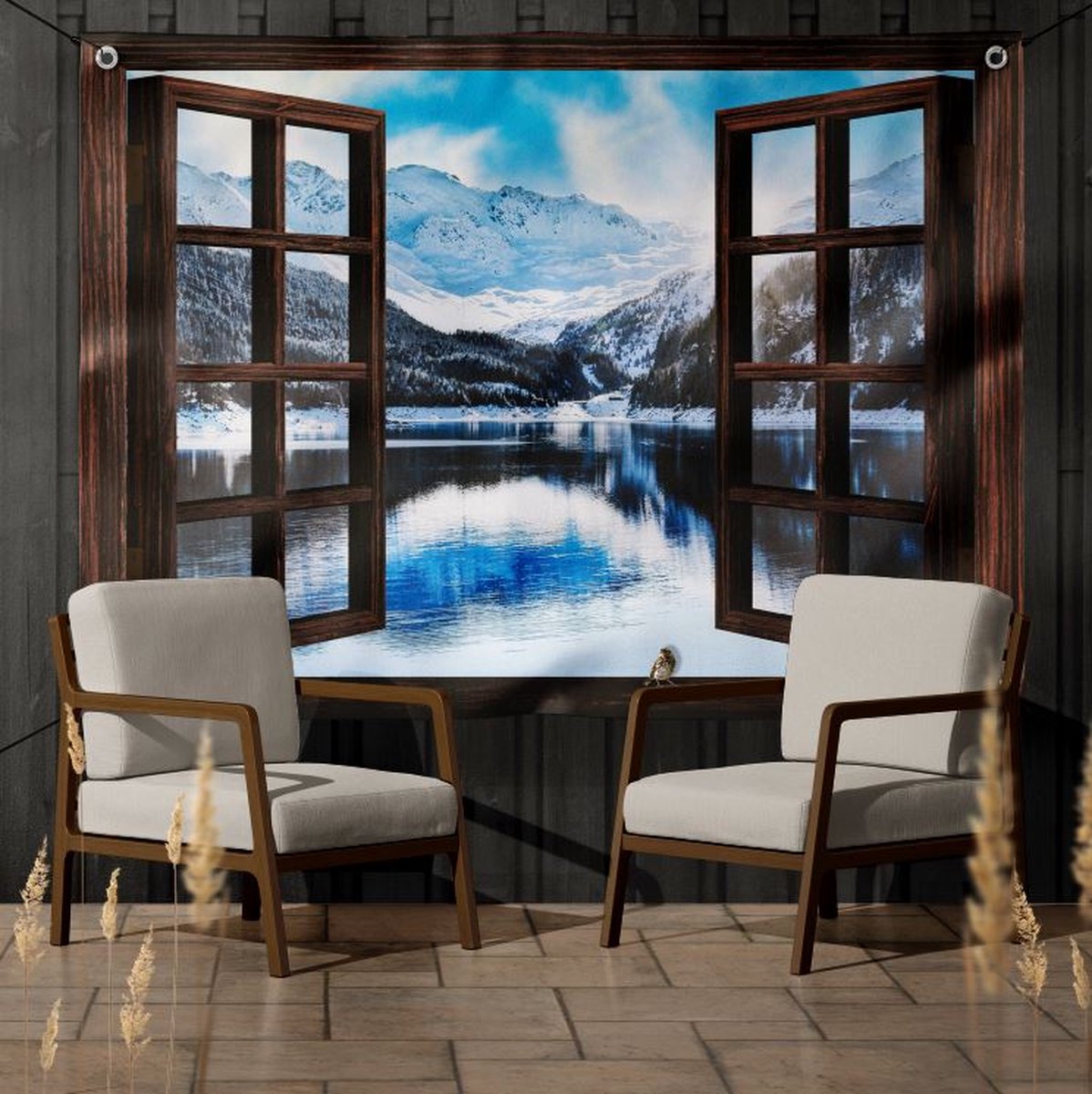 Tuindoek doorkijk door openslaand venster naar bergen in Alaska - 130x95 cm - tuinposter - tuinposter doorkijkje – Doorkijk tuinposter - tuinposter doorkijk xxl – Tuinposter buiten met ijs, bergen, natuur