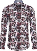 Heren overhemd Lange mouwen - MarshallDenim - Rood en bruine bloemenprint- Slim fit met stretch - maat S