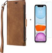 GSMNed – Hoogwaardig iPhone 13 Hoesje Bruin – Leren Pu Hoesje –  pasjeshouder – Met rits sluiting – Wallet – Met Screenprotector