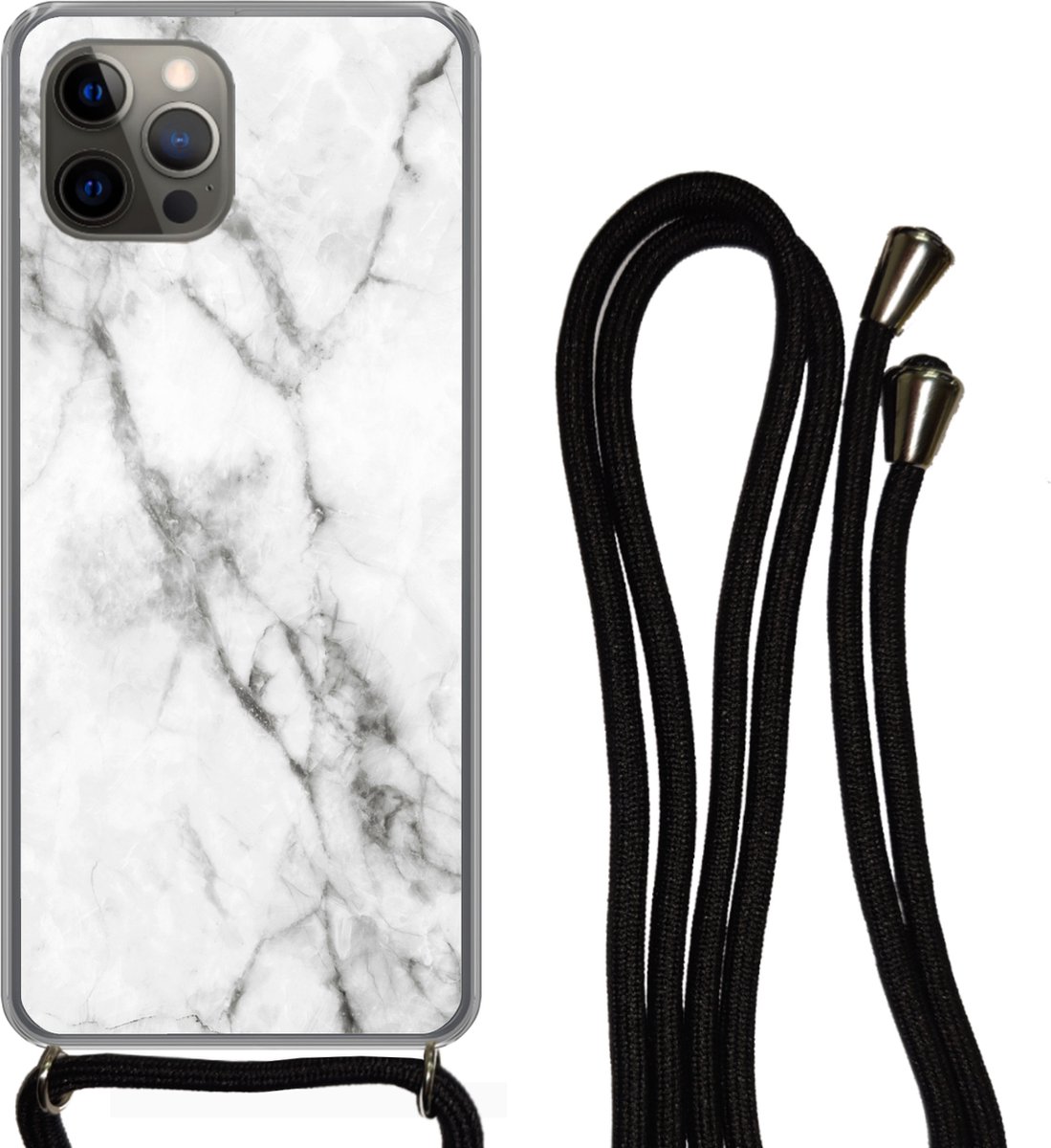 Telefoonkoord - Telefoonketting - Telefoonhoesje Geschikt voor iPhone 12 pro crossbody - Marmer print - Luxe - Wit - Siliconen - Crossbody - Telefoonhoesje met koord Telefoonhoesje