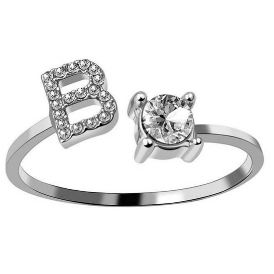Ring Met Letter - Ring Met Steen - Letter Ring - Ring Letter - Initial Ring - Zilver Letter B - Cadeautje voor haar
