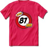 87 Jaar Hoera Verkeersbord T-Shirt | Grappig Verjaardag Cadeau | Dames - Heren | - Roze - M
