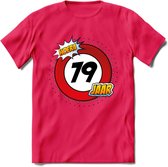 79 Jaar Hoera Verkeersbord T-Shirt | Grappig Verjaardag Cadeau | Dames - Heren | - Roze - XL