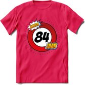 84 Jaar Hoera Verkeersbord T-Shirt | Grappig Verjaardag Cadeau | Dames - Heren | - Roze - XL