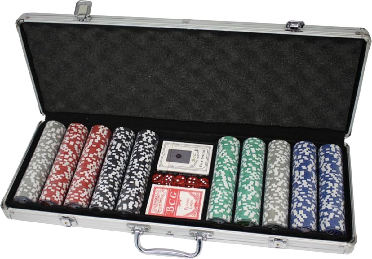 In Round Pokerset Deluxe 500 Poker chips in Pokerkoffer met kaarten