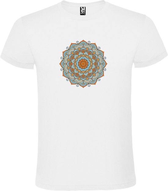 Wit T-shirt met Grote Mandala in Blauw en Oranje kleuren size 4Xl