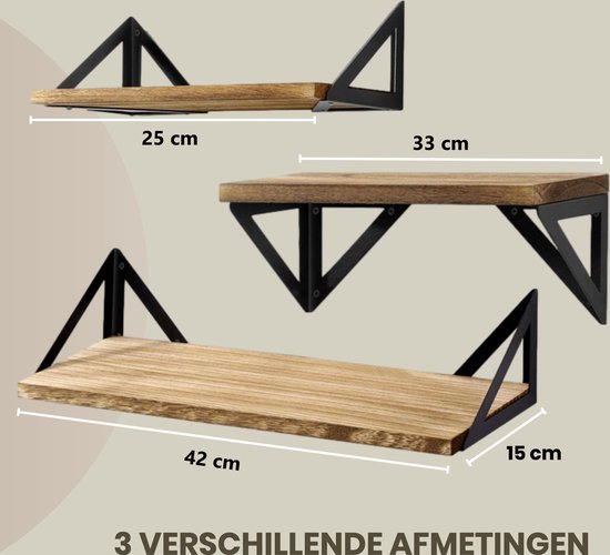 Ensemble d'étagères murales flottantes Set - 3 pièces - Longueur : 25/33/42 cm - Bois de Paulownia - Industriel - Bibliothèque