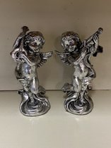 Zilveren engel beeldjes - Set van 2 stuks - polyresin - hoogte 14x8x5 cm - engel - Decoratieve beeldjes - Woonaccessoires