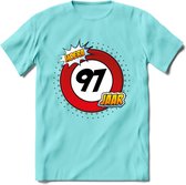 97 Jaar Hoera Verkeersbord T-Shirt | Grappig Verjaardag Cadeau | Dames - Heren | - Licht Blauw - XXL