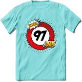 97 Jaar Hoera Verkeersbord T-Shirt | Grappig Verjaardag Cadeau | Dames - Heren | - Licht Blauw - XL