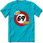 69 Jaar Hoera Verkeersbord T-Shirt | Grappig Verjaardag Cadeau | Dames - Heren | - Blauw - L