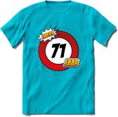 71 Jaar Hoera Verkeersbord T-Shirt | Grappig Verjaardag Cadeau | Dames - Heren | - Blauw - M