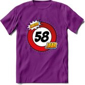 58 Jaar Hoera Verkeersbord T-Shirt | Grappig Verjaardag Cadeau | Dames - Heren | - Paars - S