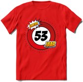 53 Jaar Hoera Verkeersbord T-Shirt | Grappig Verjaardag Cadeau | Dames - Heren | - Rood - M