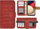Hoesje Geschikt voor Samsung Galaxy A02s - Bookcase - A02s Hoesje Book Case Portemonnee Wallet Echt Leer Croco Rood Cover