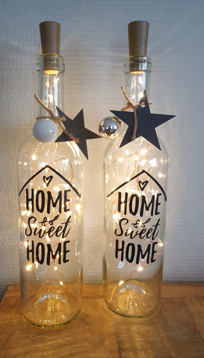 Lichtfles - Home Sweet Home - Wijnfles met Lichtjes - Sfeerlicht - Tekst naar Keuze - LEDlicht - Warmlicht