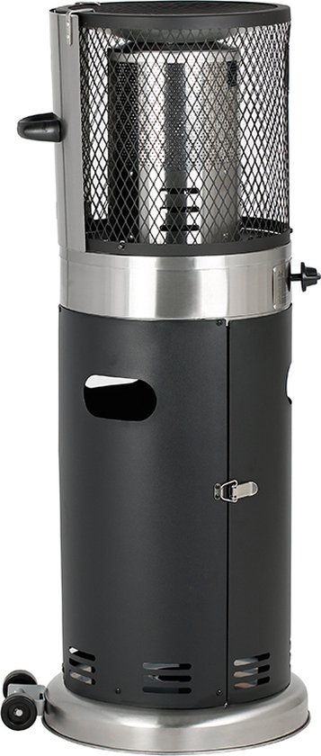 Zwarte staande terrasverwarmer met zilveren basis, wieltjes en een deur aan de zijkant. Op witte achtergrond.