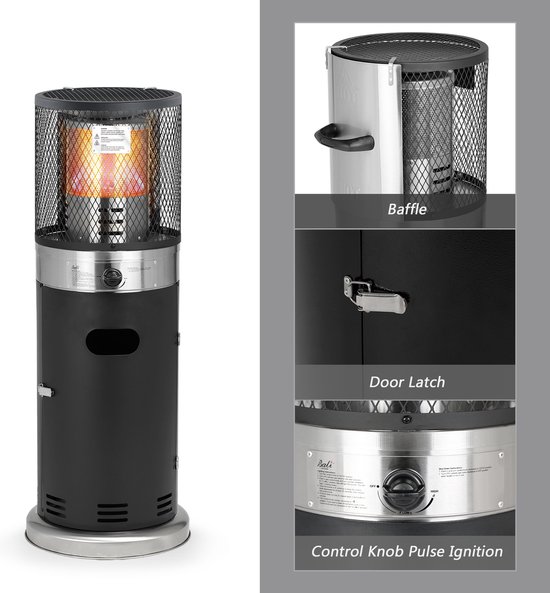 Zwarte staande terrasverwarmer met zilveren details. Extra afbeeldingen tonen de baffle, de deurklink en de regelknop met puls ontsteking.
