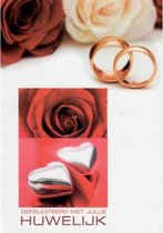 Gefeliciteerd met jullie huwelijk! Een bijzondere wenskaart met mooie rozen. En niet te vergeten de hartjes en de trouwringen! Een dubbele wenskaart inclusief envelop en in folie verpakt.