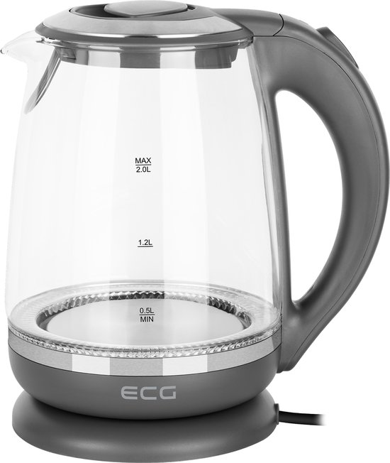 ECG RK 2020 Grey Glass Waterkoker - Elegant design van kunststof en roestvrij staal in combinatie met gehard glas - 2,0 L
