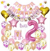 Joya Beauty® 2 Jaar Verjaardag Versiering Set Roze | Baby | 2e Verjaardagskroon | Happy Birthday Slinger Ballonnen | Meisje