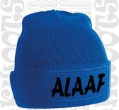 ALAAF uniseks muts - Blauw met gele tekst - Beanie - One Size - Grappige teksten | designs - Original Kwoots - Wintersport - Aprés ski muts - Carnaval - Begroeting