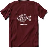 I Love Fishing - Vissen T-Shirt | Wit | Grappig Verjaardag Vis Hobby Cadeau Shirt | Dames - Heren - Unisex | Tshirt Hengelsport Kleding Kado - Burgundy - XXL