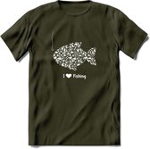 I Love Fishing - Vissen T-Shirt | Wit | Grappig Verjaardag Vis Hobby Cadeau Shirt | Dames - Heren - Unisex | Tshirt Hengelsport Kleding Kado - Leger Groen - M