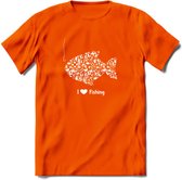I Love Fishing - Vissen T-Shirt | Wit | Grappig Verjaardag Vis Hobby Cadeau Shirt | Dames - Heren - Unisex | Tshirt Hengelsport Kleding Kado - Oranje - XL