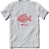 I Love Fishing - Vissen T-Shirt | Rood | Grappig Verjaardag Vis Hobby Cadeau Shirt | Dames - Heren - Unisex | Tshirt Hengelsport Kleding Kado - Licht Grijs - Gemaleerd - M