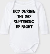 Baby Rompertje met tekst 'Boy during the day, superhero by night' |Lange mouw l | wit zwart | maat 50/56 | cadeau | Kraamcadeau | Kraamkado