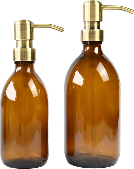 Groeikruid® Zeeppompjes Set | Zeepdispensers | Vrijstaand en Hervulbaar | 300 ml + 500 ml | Amber glas | RVS pompkop | Bronsgoud