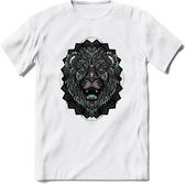 Leeuw - Dieren Mandala T-Shirt | Aqua | Grappig Verjaardag Zentangle Dierenkop Cadeau Shirt | Dames - Heren - Unisex | Wildlife Tshirt Kleding Kado | - Wit - L