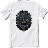 Leeuw - Dieren Mandala T-Shirt | Blauw | Grappig Verjaardag Zentangle Dierenkop Cadeau Shirt | Dames - Heren - Unisex | Wildlife Tshirt Kleding Kado | - Wit - 3XL