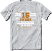 15 Jaar Legend T-Shirt | Goud - Wit | Grappig Verjaardag en Feest Cadeau Shirt | Dames - Heren - Unisex | Tshirt Kleding Kado | - Licht Grijs - Gemaleerd - L