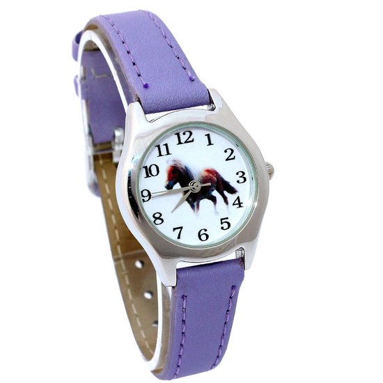 Sleutelhanger/horloge hart met bloemetjes (paars/lila