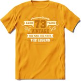 73 Jaar Legend T-Shirt | Goud - Wit | Grappig Verjaardag en Feest Cadeau Shirt | Dames - Heren - Unisex | Tshirt Kleding Kado | - Geel - S