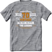 70 Jaar Legend T-Shirt | Goud - Wit | Grappig Verjaardag en Feest Cadeau Shirt | Dames - Heren - Unisex | Tshirt Kleding Kado | - Donker Grijs - Gemaleerd - 3XL