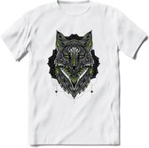 Vos - Dieren Mandala T-Shirt | Groen | Grappig Verjaardag Zentangle Dierenkop Cadeau Shirt | Dames - Heren - Unisex | Wildlife Tshirt Kleding Kado | - Wit - 3XL