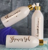 Navulflessen shampoo, conditioner en shower gel - zeepdispenser - zeeppomp - kleur wit/goud - 500 ml